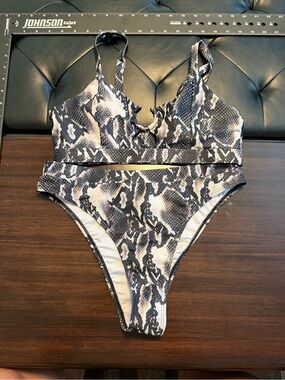 Snake Print High-Waist Bikini Set - Black & White